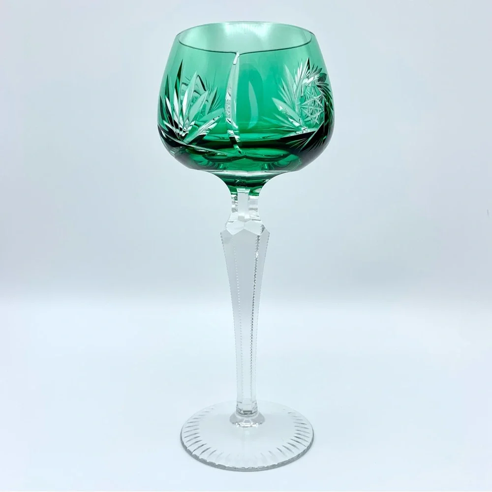 ‼️PENDING‼️Vintage Emerald Green Cut to Clear Crystal Wine Hock Glass Bohemian - Picture 1 of 15